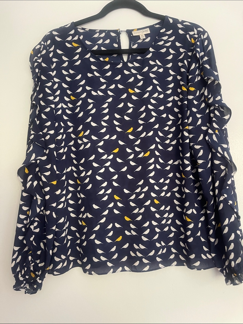 Maison Jules Xl Navy Bird-Print Ruffle Sleeve Blouse